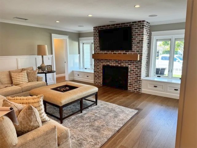 A fireplace built floor to ceiling