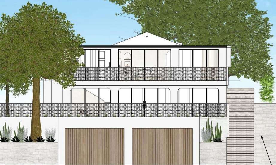 Rendering of the rebuilt street elevation, two levels of glazing above a pair of garage doors.